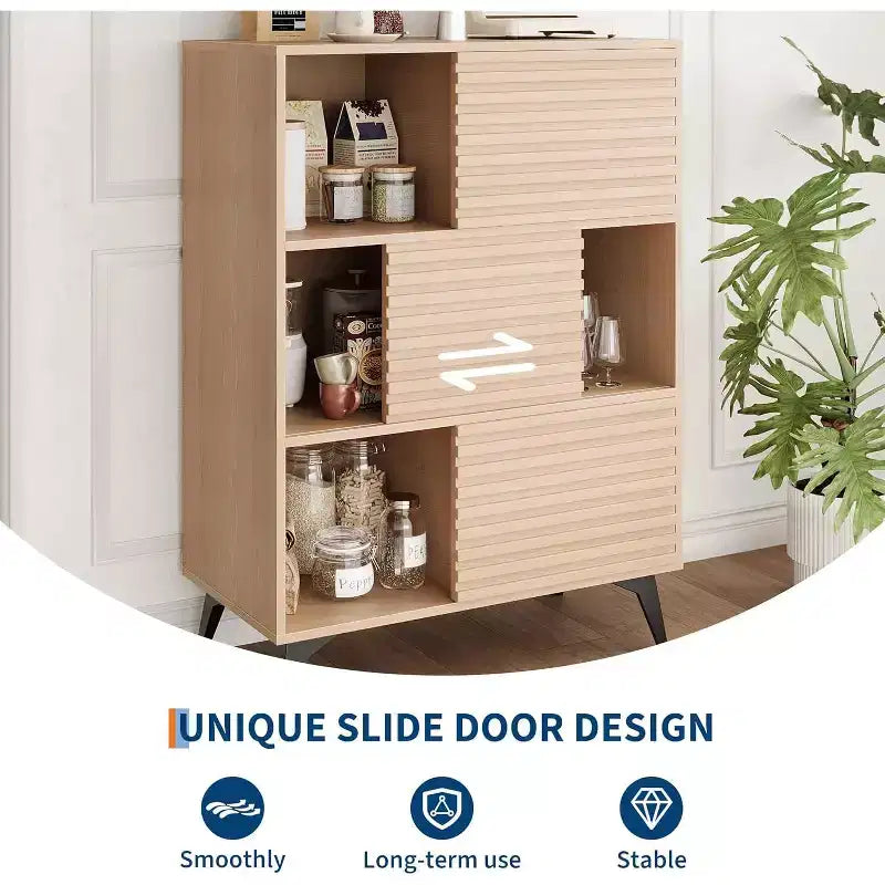 Bibliothèque et meuble de rangement à 3 niveaux - Buffet en bois massif avec étagères réglables, petit meuble de rangement pour salon, cuisine
