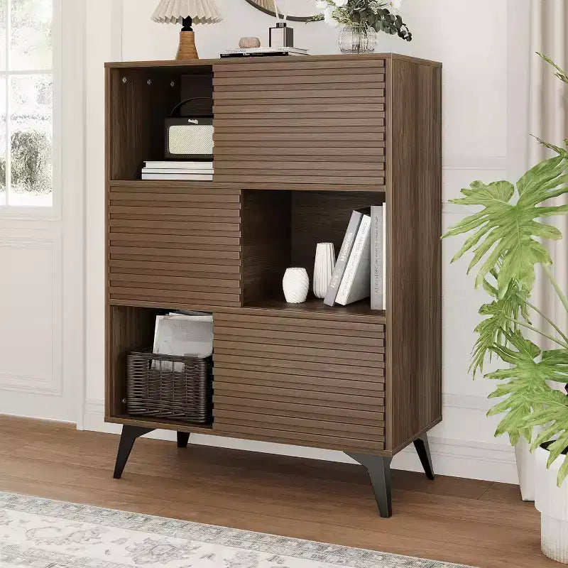 Bibliothèque et meuble de rangement à 3 niveaux - Buffet en bois massif avec étagères réglables, petit meuble de rangement pour salon, cuisine