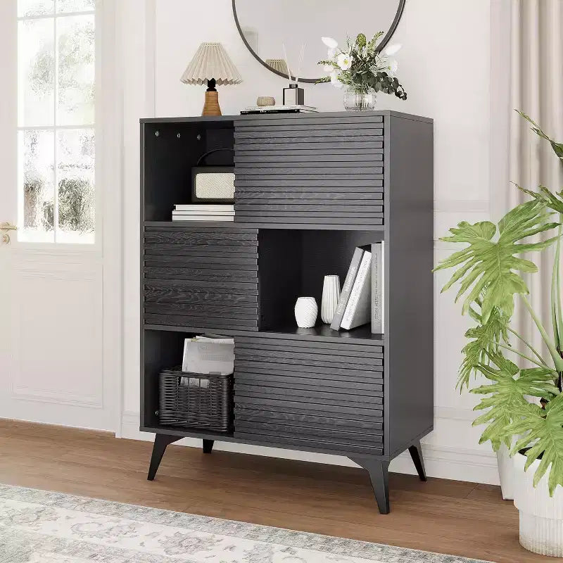 Bibliothèque et meuble de rangement à 3 niveaux - Buffet en bois massif avec étagères réglables, petit meuble de rangement pour salon, cuisine