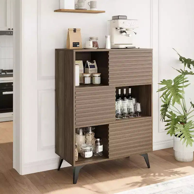 Bibliothèque et meuble de rangement à 3 niveaux - Buffet en bois massif avec étagères réglables, petit meuble de rangement pour salon, cuisine