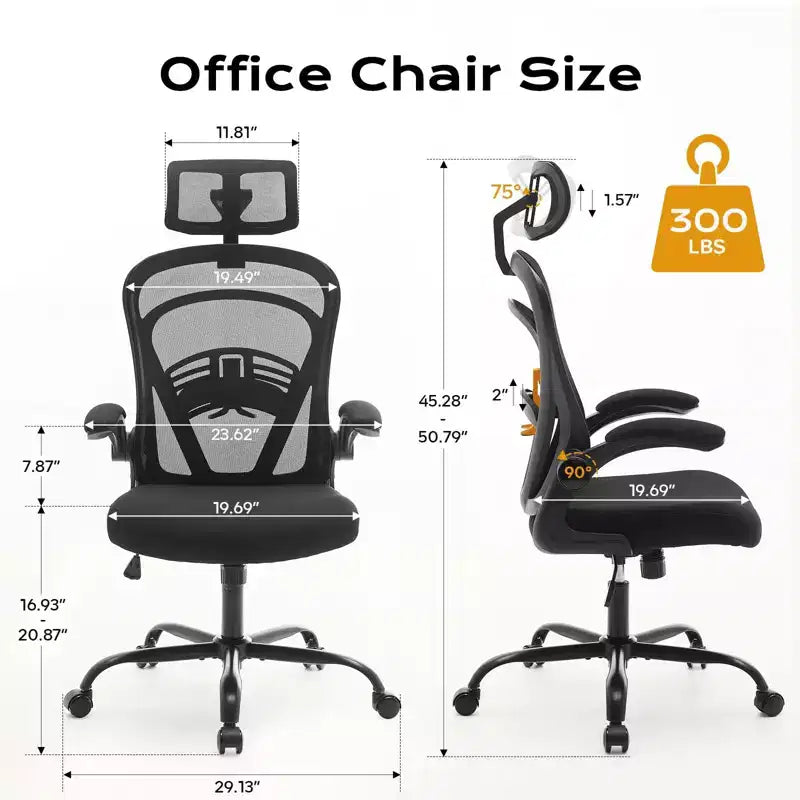 Chaise de bureau ergonomique, chaise de bureau à dossier haut avec hauteur réglable et accoudoirs relevables, chaise de jeu confortable en maille pour le bureau à domicile