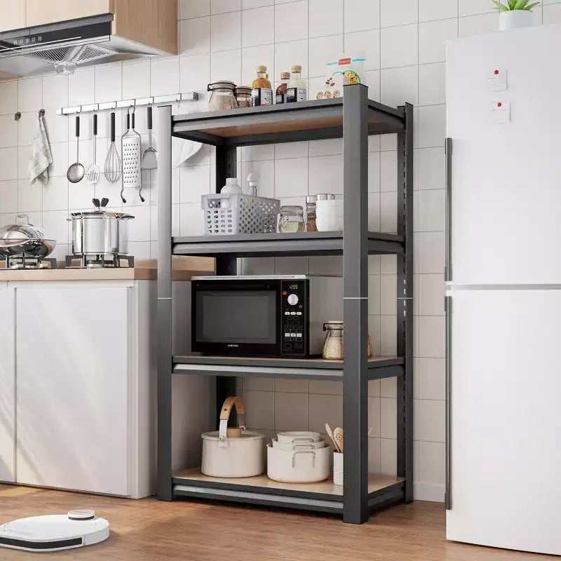 Étagère de rangement noire à 4 niveaux de 45,66 pouces de hauteur, réglable en hauteur, en bois, pour cuisine, garage et cellier.