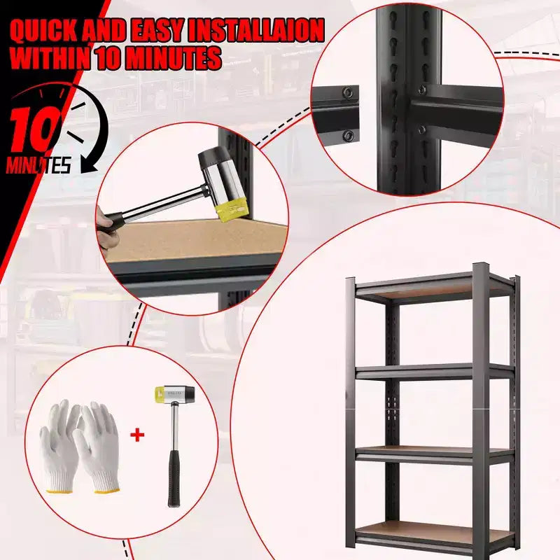 Étagère de rangement noire à 4 niveaux de 45,66 pouces de hauteur, réglable en hauteur, en bois, pour cuisine, garage et cellier.