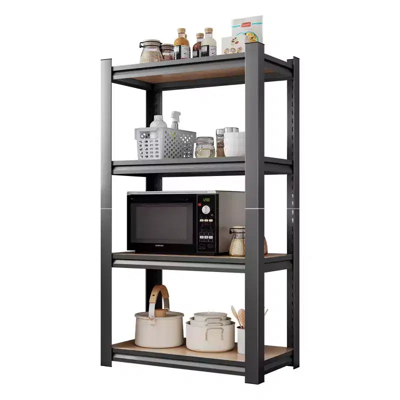 Étagère de rangement noire à 4 niveaux de 45,66 pouces de hauteur, réglable en hauteur, en bois, pour cuisine, garage et cellier.