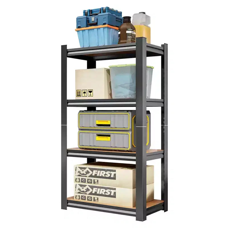 Étagère de rangement noire à 4 niveaux de 45,66 pouces de hauteur, réglable en hauteur, en bois, pour cuisine, garage et cellier.