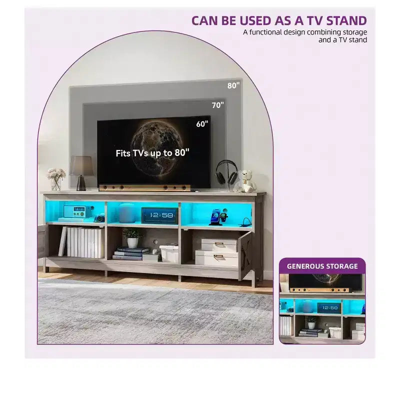 Meuble TV de ferme pour téléviseurs de 75/70 pouces, meuble de divertissement LED avec armoires de rangement, étagères ouvertes et étagère réglable pour le salon