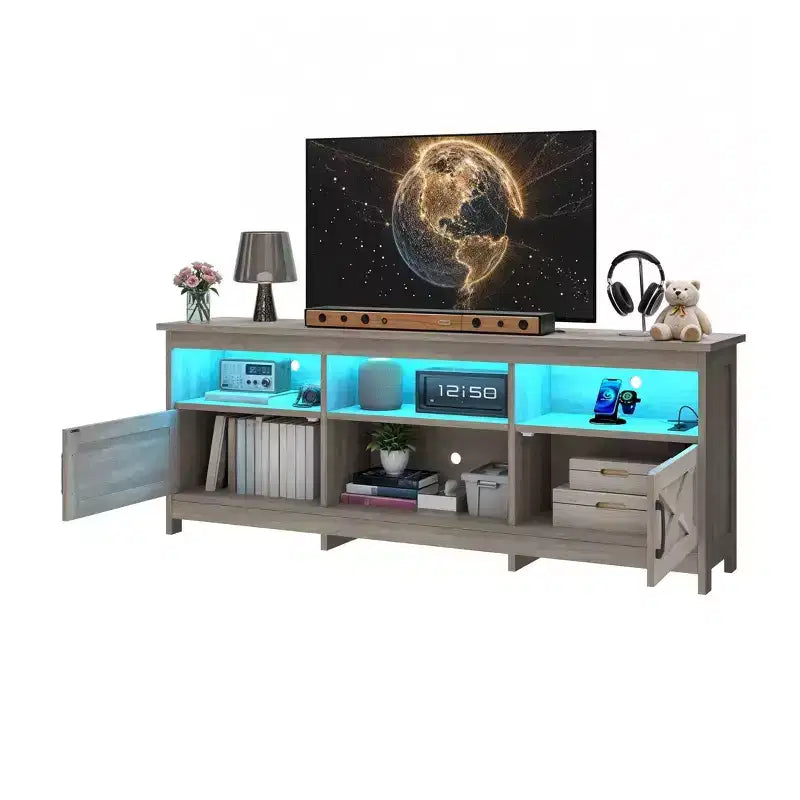 Meuble TV de ferme pour téléviseurs de 75/70 pouces, meuble de divertissement LED avec armoires de rangement, étagères ouvertes et étagère réglable pour le salon