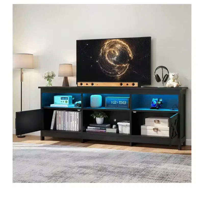 Meuble TV de ferme pour téléviseurs de 75/70 pouces, meuble de divertissement LED avec armoires de rangement, étagères ouvertes et étagère réglable pour le salon