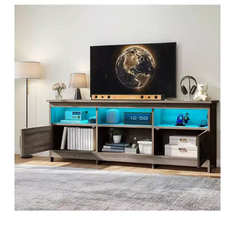 Meuble TV de ferme pour téléviseurs de 75/70 pouces, meuble de divertissement LED avec armoires de rangement, étagères ouvertes et étagère réglable pour le salon
