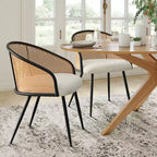 Chaises de salle à manger (lot de 2), Fauteuil moderne rembourré avec dossier en rotin tissé et pieds en métal noir - Panipeachy
