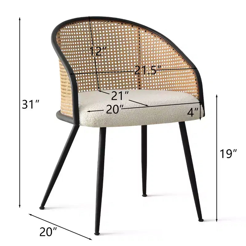 Chaises de salle à manger (lot de 2), Fauteuil moderne rembourré avec dossier en rotin tissé et pieds en métal noir - Panipeachy