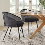 Chaises de salle à manger (lot de 2), Fauteuil moderne rembourré avec dossier en rotin tissé et pieds en métal noir - Panipeachy