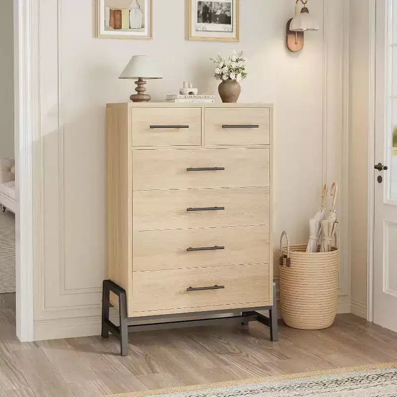 Commode Acekool à 6 tiroirs, Armoire de Rangement Haute avec Pieds Modernes pour Chambre ou Salon, 118,4 cm