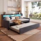 Bellemave Twin upholstered Daybed with Trundle, Storage Headboard, Charging Station & LED, Sofa Bed, Dark Grey