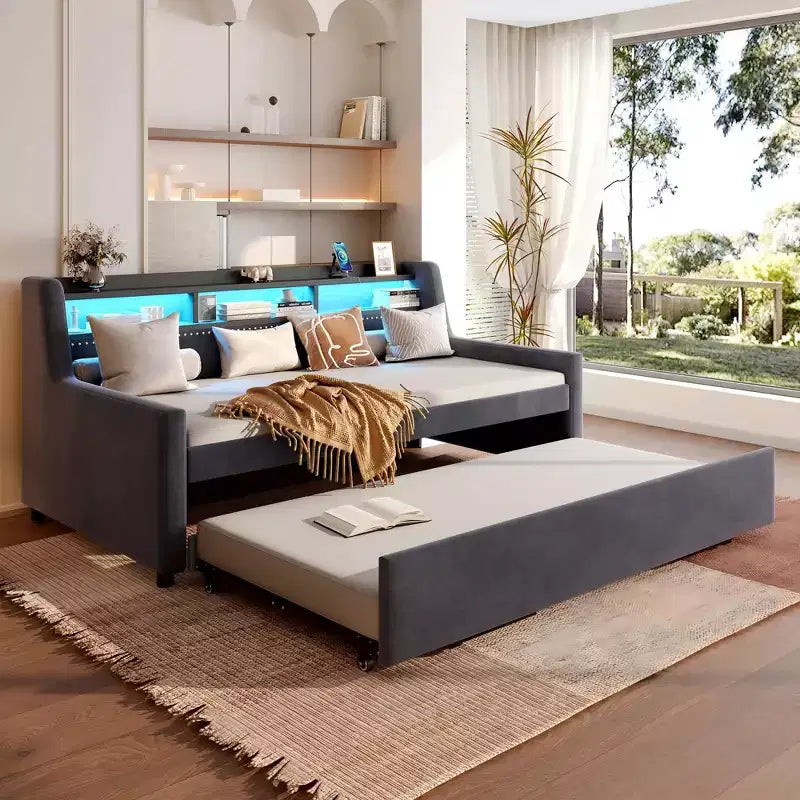 Bellemave Twin upholstered Daybed with Trundle, Storage Headboard, Charging Station & LED, Sofa Bed, Dark Grey