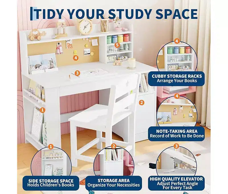 Bureau et chaise d'étude pour enfants avec rangement, Bureau d'étude pour enfants avec étagère et plateau inclinable, Table en bois pour enfants avec meuble de rangement