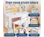 Bureau et chaise d'étude pour enfants avec rangement, Bureau d'étude pour enfants avec étagère et plateau inclinable, Table en bois pour enfants avec meuble de rangement