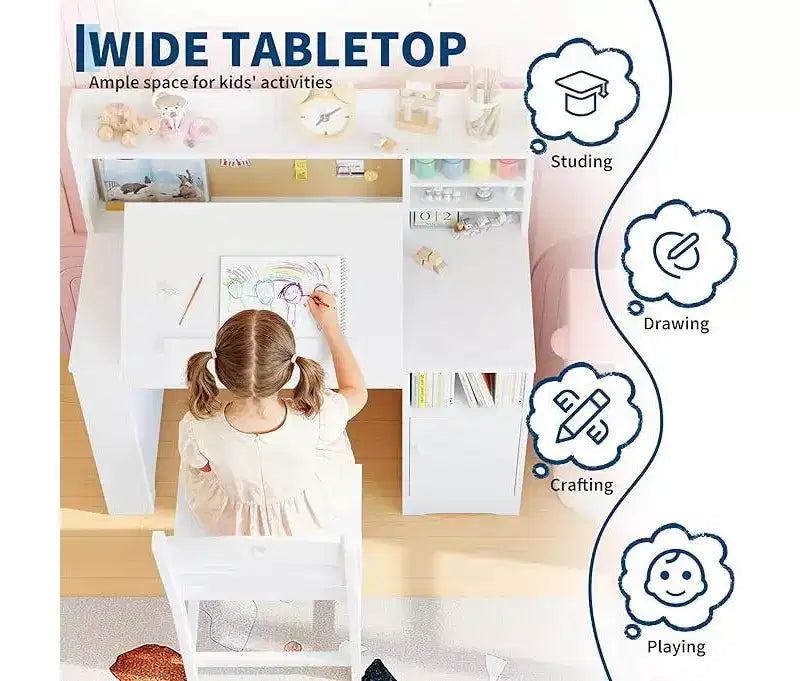 Bureau et chaise d'étude pour enfants avec rangement, Bureau d'étude pour enfants avec étagère et plateau inclinable, Table en bois pour enfants avec meuble de rangement