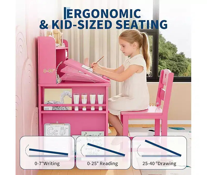 Bureau et chaise d'étude pour enfants avec rangement, Bureau d'étude pour enfants avec étagère et plateau inclinable, Table en bois pour enfants avec meuble de rangement