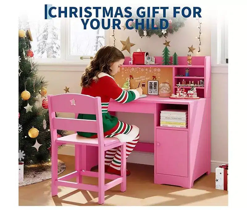 Bureau et chaise d'étude pour enfants avec rangement, Bureau d'étude pour enfants avec étagère et plateau inclinable, Table en bois pour enfants avec meuble de rangement