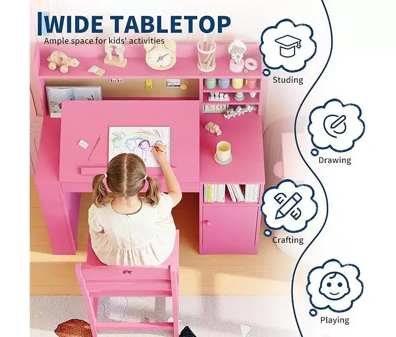 Bureau et chaise d'étude pour enfants avec rangement, Bureau d'étude pour enfants avec étagère et plateau inclinable, Table en bois pour enfants avec meuble de rangement