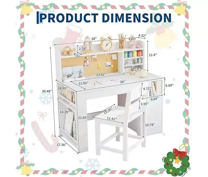 Bureau et chaise d'étude pour enfants avec rangement, Bureau d'étude pour enfants avec étagère et plateau inclinable, Table en bois pour enfants avec meuble de rangement