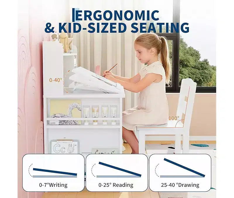 Bureau et chaise d'étude pour enfants avec rangement, Bureau d'étude pour enfants avec étagère et plateau inclinable, Table en bois pour enfants avec meuble de rangement