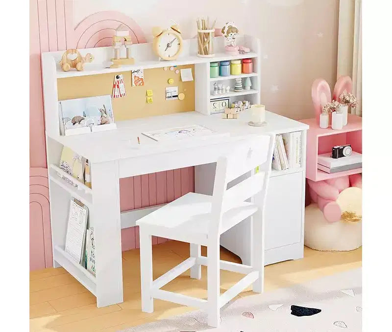 Bureau et chaise d'étude pour enfants avec rangement, Bureau d'étude pour enfants avec étagère et plateau inclinable, Table en bois pour enfants avec meuble de rangement