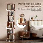 Étagère à Livres Rotative en Bois à 6 Niveaux, Tour de Rangement Pivotante à 360° pour Enfants, Étagère à roulettes Étroite pour Petits Espaces, Coin, Chambre, Bureau, Noyer