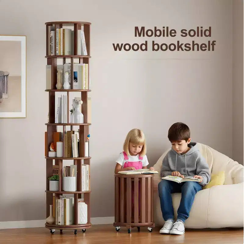 Étagère à Livres Rotative en Bois à 6 Niveaux, Tour de Rangement Pivotante à 360° pour Enfants, Étagère à roulettes Étroite pour Petits Espaces, Coin, Chambre, Bureau, Noyer