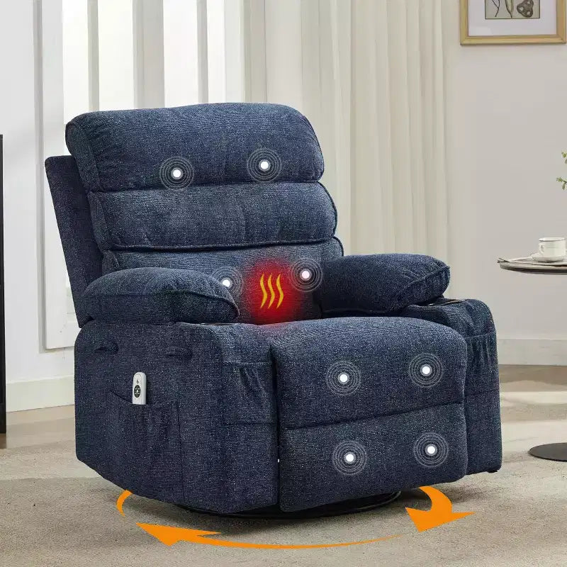 Adult 360 Rotating 8-point Vibration Massage Rocking Chair, Waist Heating, with Side Pockets, Cup Holder, Soft Cushion, Backrest and Footstool