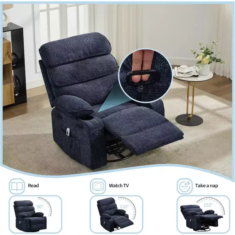 Fauteuil à bascule massant à 8 points de vibration et rotation à 360° pour adulte, chauffage lombaire, avec poches latérales, porte-gobelet, coussin moelleux, dossier et repose-pieds