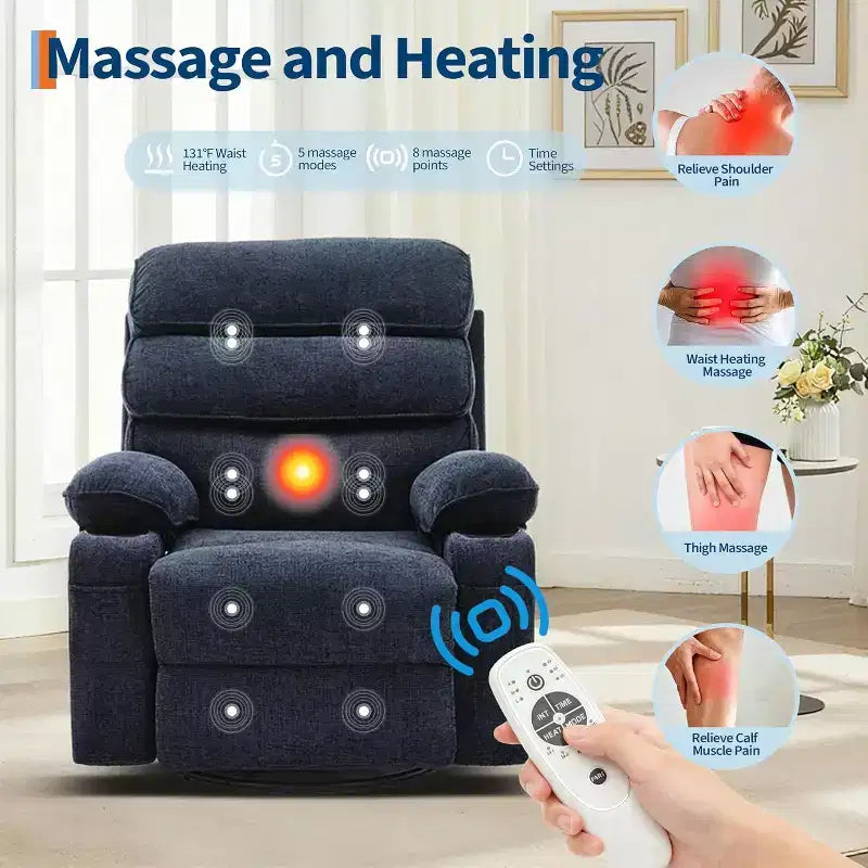 Fauteuil à bascule massant à 8 points de vibration et rotation à 360° pour adulte, chauffage lombaire, avec poches latérales, porte-gobelet, coussin moelleux, dossier et repose-pieds