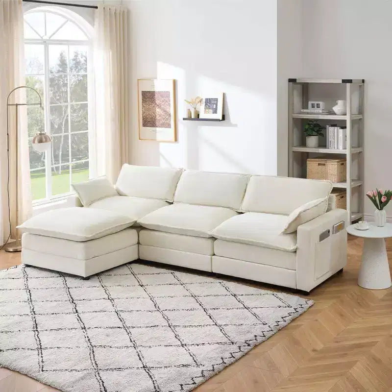 Sofa, 113 Chenille Modular Sectional  3-Seater L-Shaped with Ottoman/2 Cushions/Side Pockets Faux Fur for Living Room/Bedroom Beige
