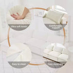 Canapé modulable 3 places en chenille en forme de L avec pouf/2 coussins/poches latérales en fausse fourrure pour salon/chambre, beige