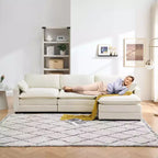 Canapé modulable 3 places en chenille en forme de L avec pouf/2 coussins/poches latérales en fausse fourrure pour salon/chambre, beige