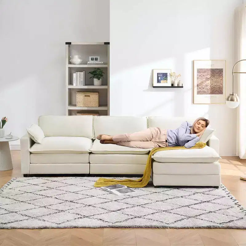 Canapé modulable 3 places en chenille en forme de L avec pouf/2 coussins/poches latérales en fausse fourrure pour salon/chambre, beige