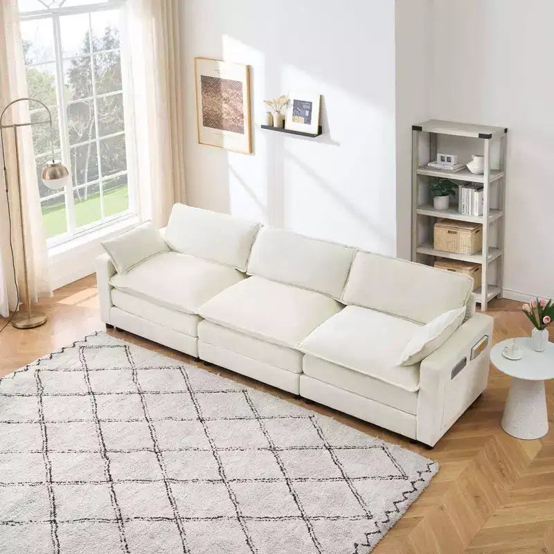 Canapé modulable 3 places en chenille en forme de L avec pouf/2 coussins/poches latérales en fausse fourrure pour salon/chambre, beige