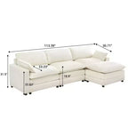 Canapé modulable 3 places en chenille en forme de L avec pouf/2 coussins/poches latérales en fausse fourrure pour salon/chambre, beige