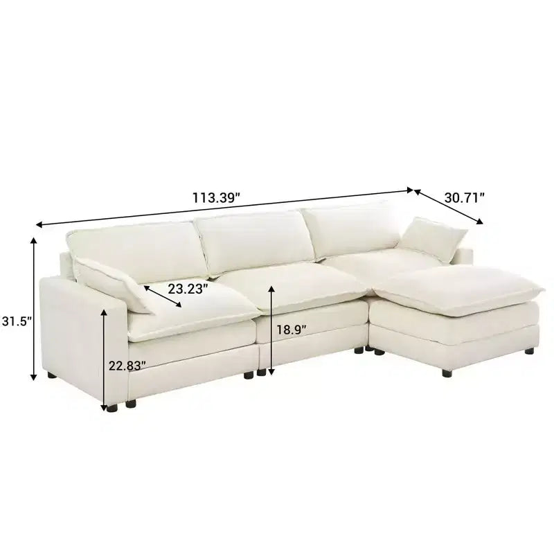 Canapé modulable 3 places en chenille en forme de L avec pouf/2 coussins/poches latérales en fausse fourrure pour salon/chambre, beige