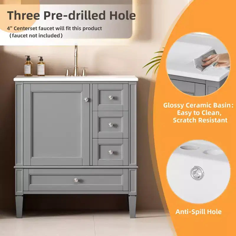 Meuble-lavabo de salle de bain 30 po avec tiroirs, Meuble de rangement de salle de bain avec lavabo simple