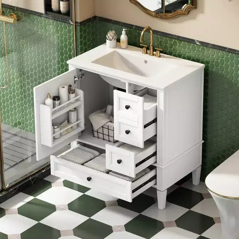 Meuble-lavabo de salle de bain 30 po avec tiroirs, Meuble de rangement de salle de bain avec lavabo simple