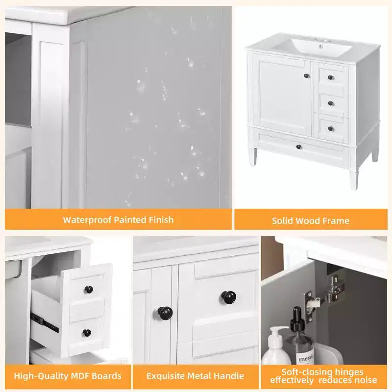 Meuble-lavabo de salle de bain 30 po avec tiroirs, Meuble de rangement de salle de bain avec lavabo simple