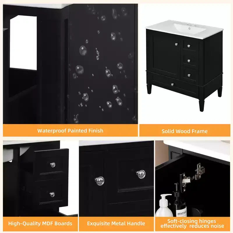 Meuble-lavabo de salle de bain 30 po avec tiroirs, Meuble de rangement de salle de bain avec lavabo simple