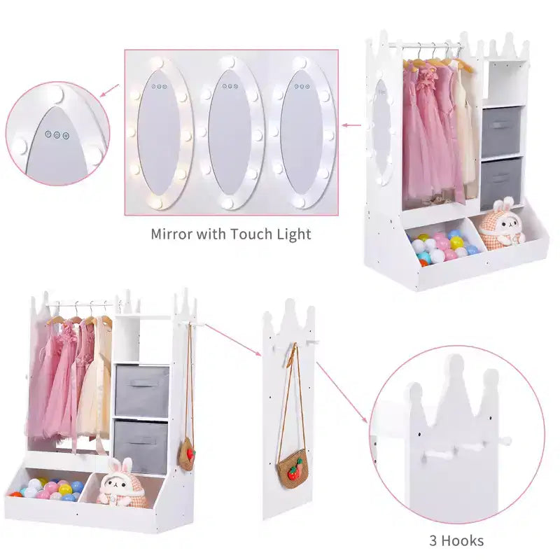 Armoire de déguisement pour enfants avec miroir éclairé, organisateur de costumes avec penderie, étagères, bacs et crochets, armoire de rangement pour chambre de fille