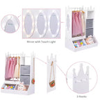 Armoire de déguisement pour enfants avec miroir éclairé, organisateur de costumes avec penderie, étagères, bacs et crochets, armoire de rangement pour chambre de fille