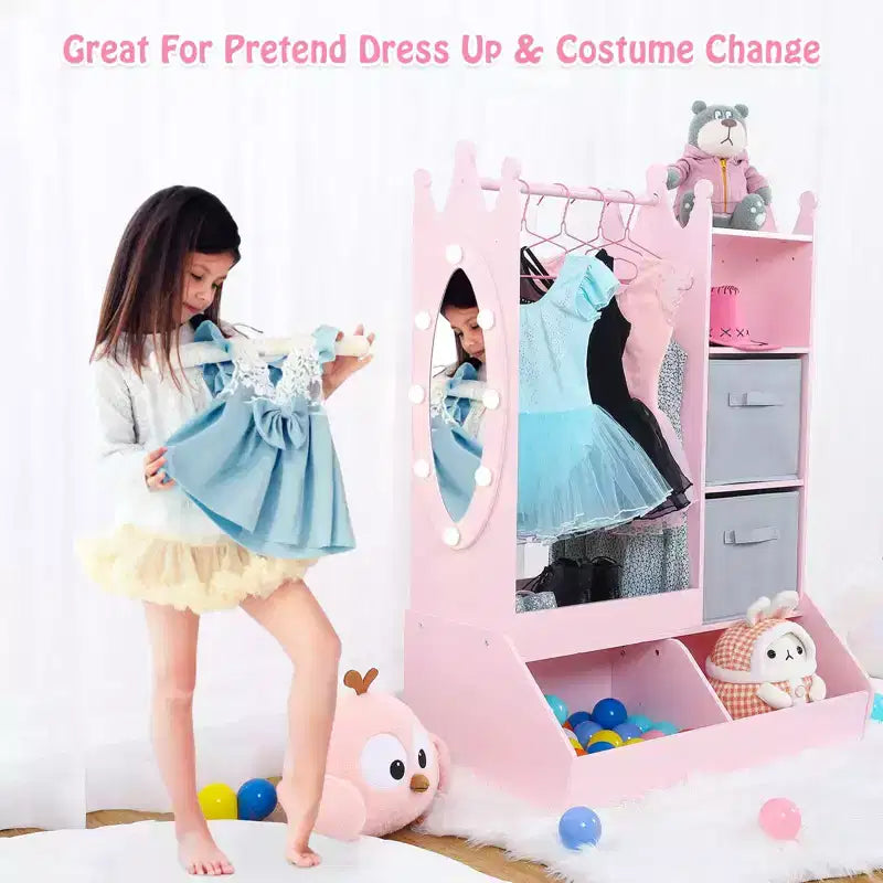 Armoire de déguisement pour enfants avec miroir éclairé, organisateur de costumes avec penderie, étagères, bacs et crochets, armoire de rangement pour chambre de fille