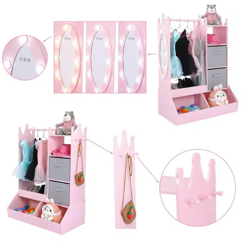 Armoire de déguisement pour enfants avec miroir éclairé, organisateur de costumes avec penderie, étagères, bacs et crochets, armoire de rangement pour chambre de fille