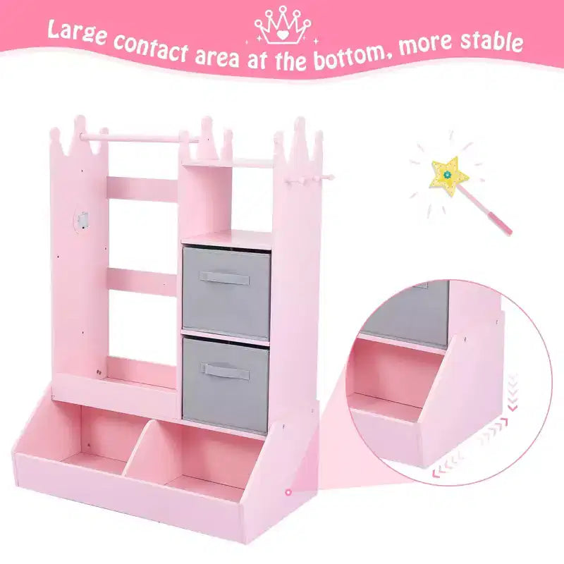 Armoire de déguisement pour enfants avec miroir éclairé, organisateur de costumes avec penderie, étagères, bacs et crochets, armoire de rangement pour chambre de fille