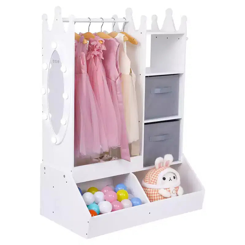Armoire de déguisement pour enfants avec miroir éclairé, organisateur de costumes avec penderie, étagères, bacs et crochets, armoire de rangement pour chambre de fille